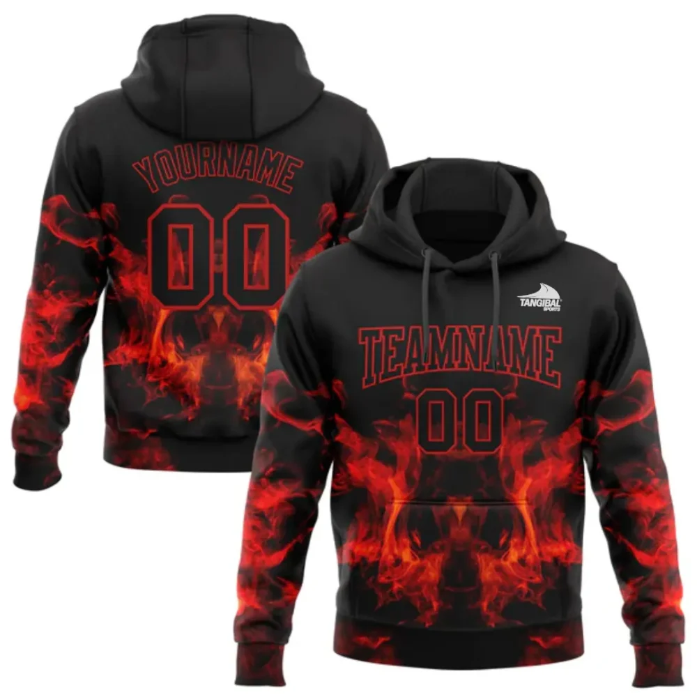 Custom Stitched Black Red 3D Skull Fashion Flame Sports Pullover Sweatshirt Hoodie