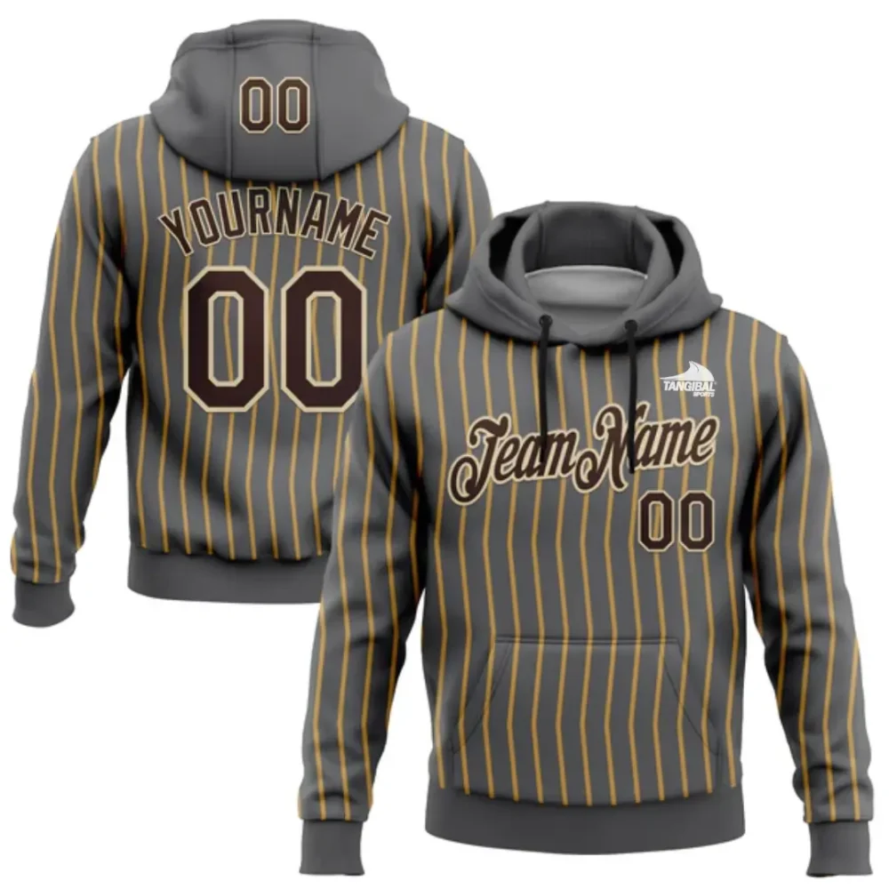 Custom Stitched Steel Gray Old Gold Pinstripe Brown-Cream 3D Pattern Design Line Sports Pullover Sweatshirt Hoodie