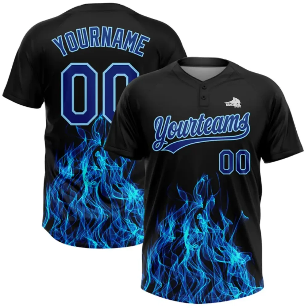 Custom Black Royal-Light Blue Flame 3D Pattern Two-Button Unisex Softball Jersey