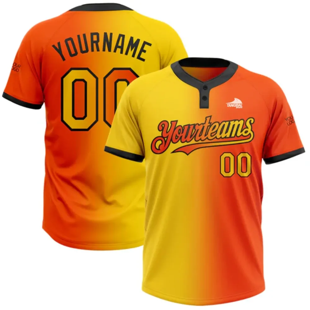 Custom Orange Yellow-Black Gradient Fashion Two-Button Unisex Softball Jersey