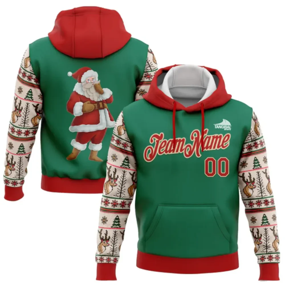 Custom Stitched Kelly Green Red-Cream Christmas 3D Sports Pullover Sweatshirt Hoodie